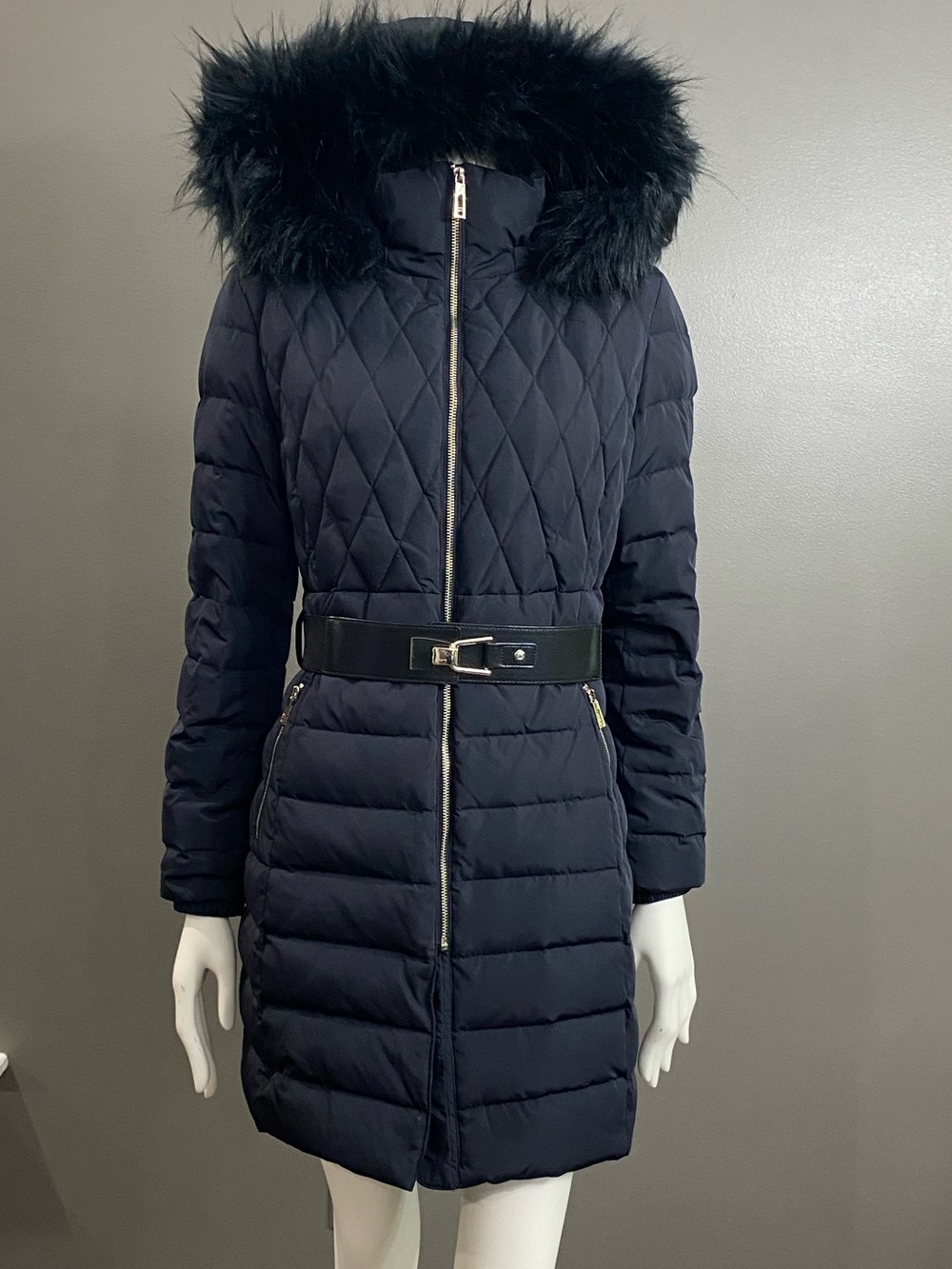 Ivanka Trump Navy Duck Down Belted Hooded Puffer Coat with Faux Fur Trim Size M